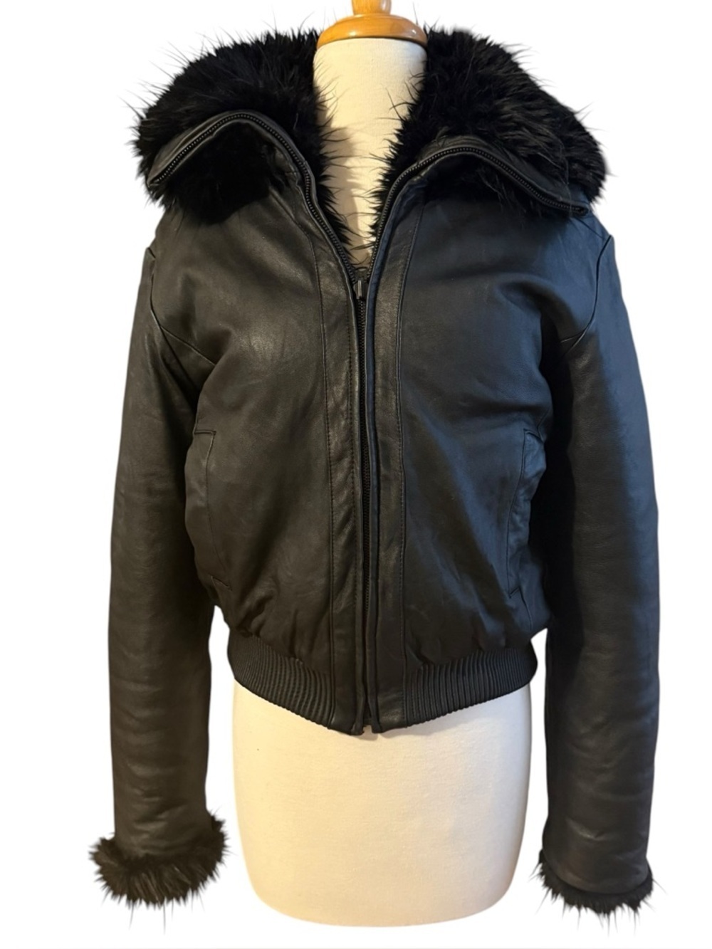 Vintage 90s Nicole Miller Reversible Leather Faux Fur Bomber Jacket Size Large